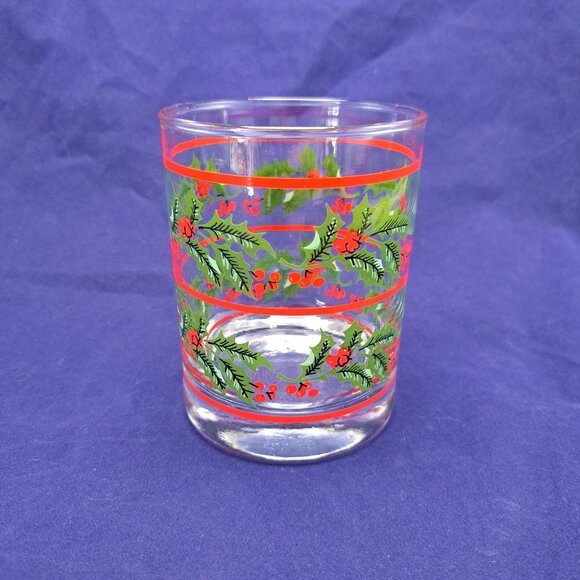 Christmas Holly Berry Old Fashioned Rocks Whisky Glass With Red Stripes - Picture 7 of 11